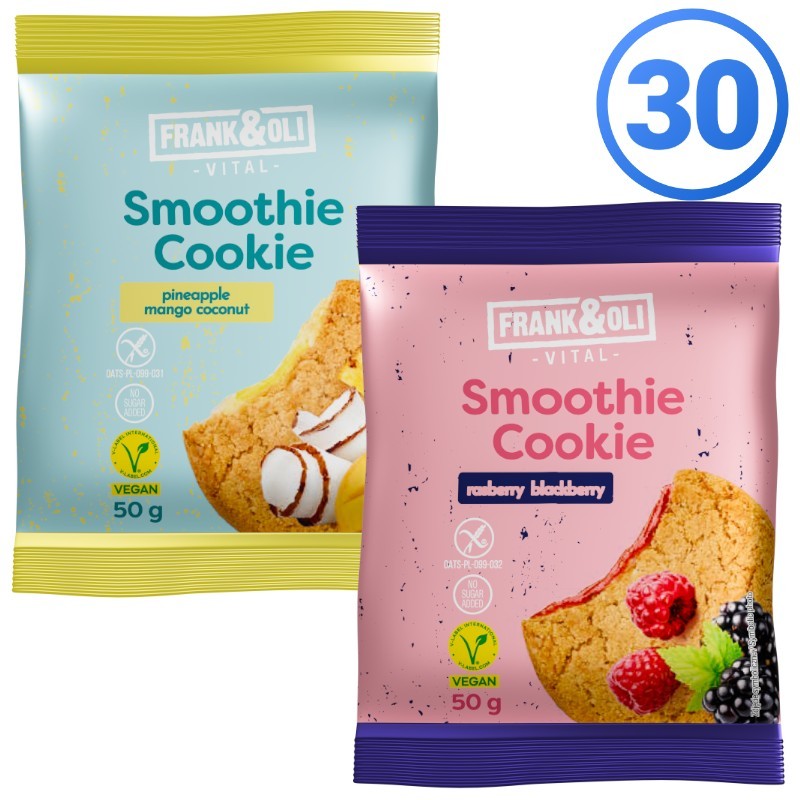 Set of 30 Frank&Oli cookies with fruit smoothie filling – 15 of each of 2 flavors (30x50g)