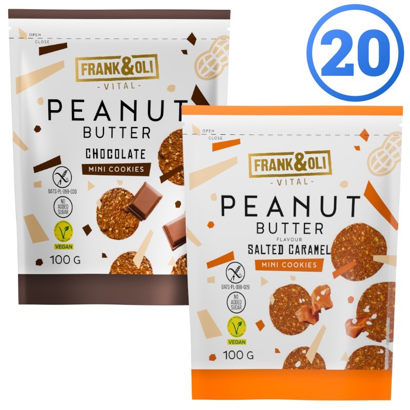 Zestaw 20 opakowań mini ciastek peanut butter Frank&Oli - po 10 paczek w 2 smakach (20x90g)