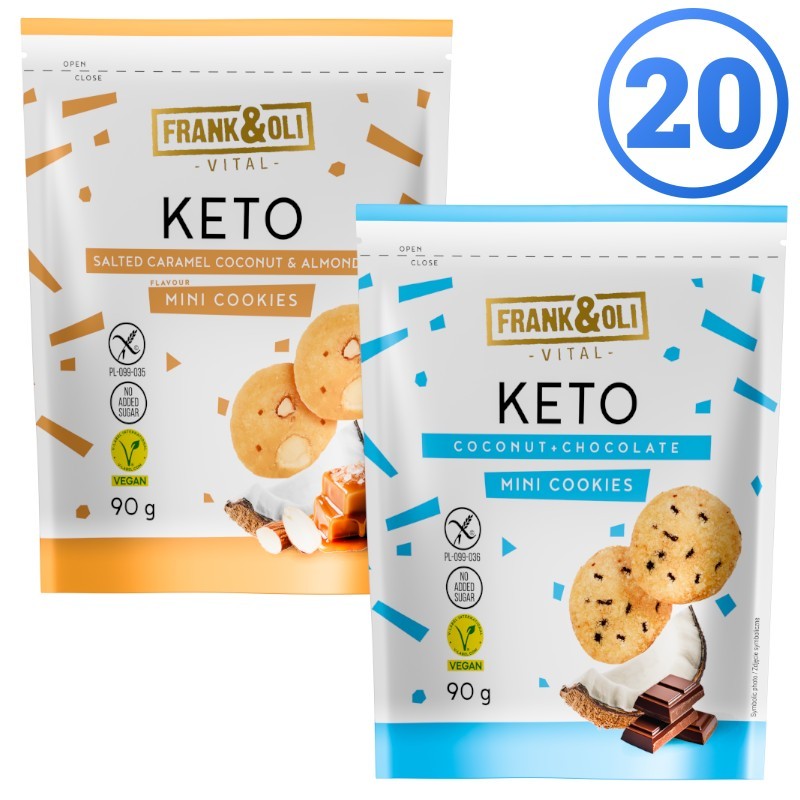 Set of 20 packs of Frank&Oli Keto mini cookies – 10 packs of each of 2 flavors (20x90g)
